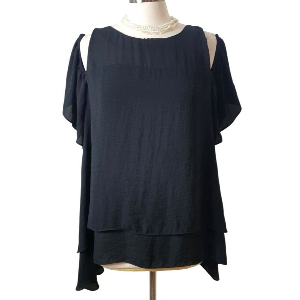 Boutique Womens 1X Blouse Black Cold Shoulder Chic Layered Y2K Loose Fit Festive